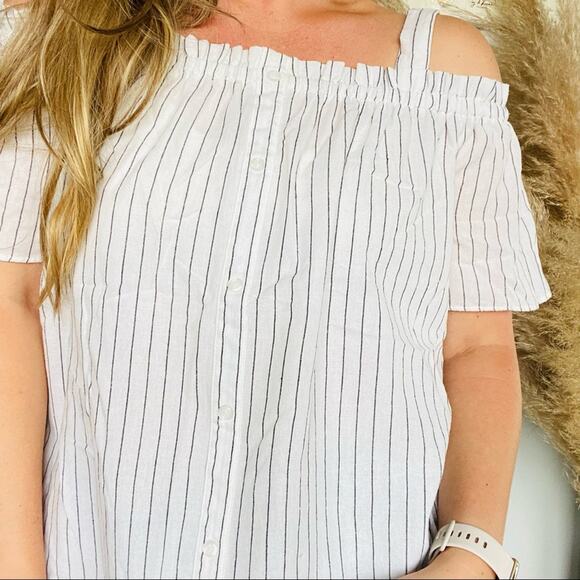 LUMIERE Black White Pin Stripes Cold Off Shoulder Tank Top Shirt Blouse L - Picture 5 of 9